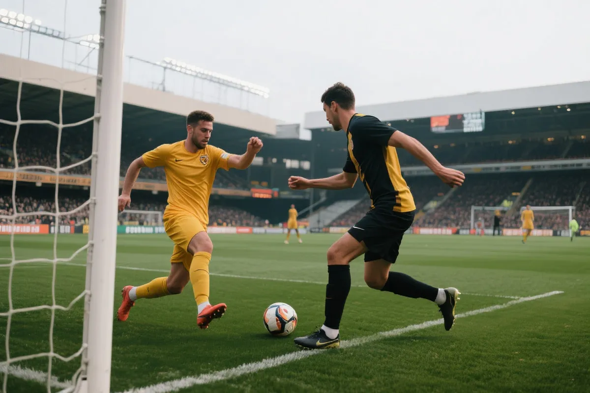 前锋与攻击型中场在禁区前沿做二过一配合，开场强度与速度感，写实运动摄影风