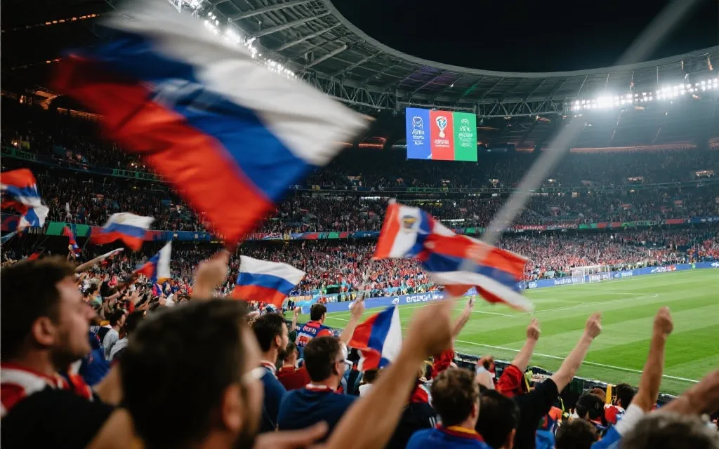 决赛看台声浪与球迷旗帜形成的压迫感，体现主场心理效应